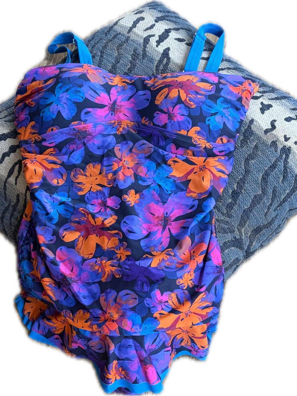 Floral One-Piece Swimsuit in Blue, Purple & Orange